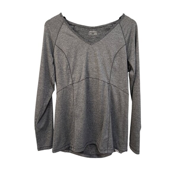 Eddie Bauer Travex Hoodie Size Large Striped Long Sleeve V Neck Top Gray Sporty - Picture 1 of 9